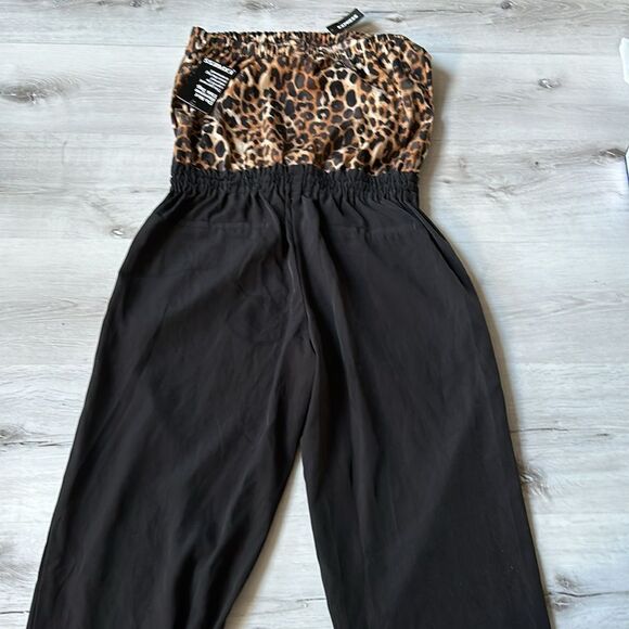 Express Leopard Print Strapless Tie Waisted Black Bottom Pockets Jumpsuit XS Nwt - Picture 4 of 5